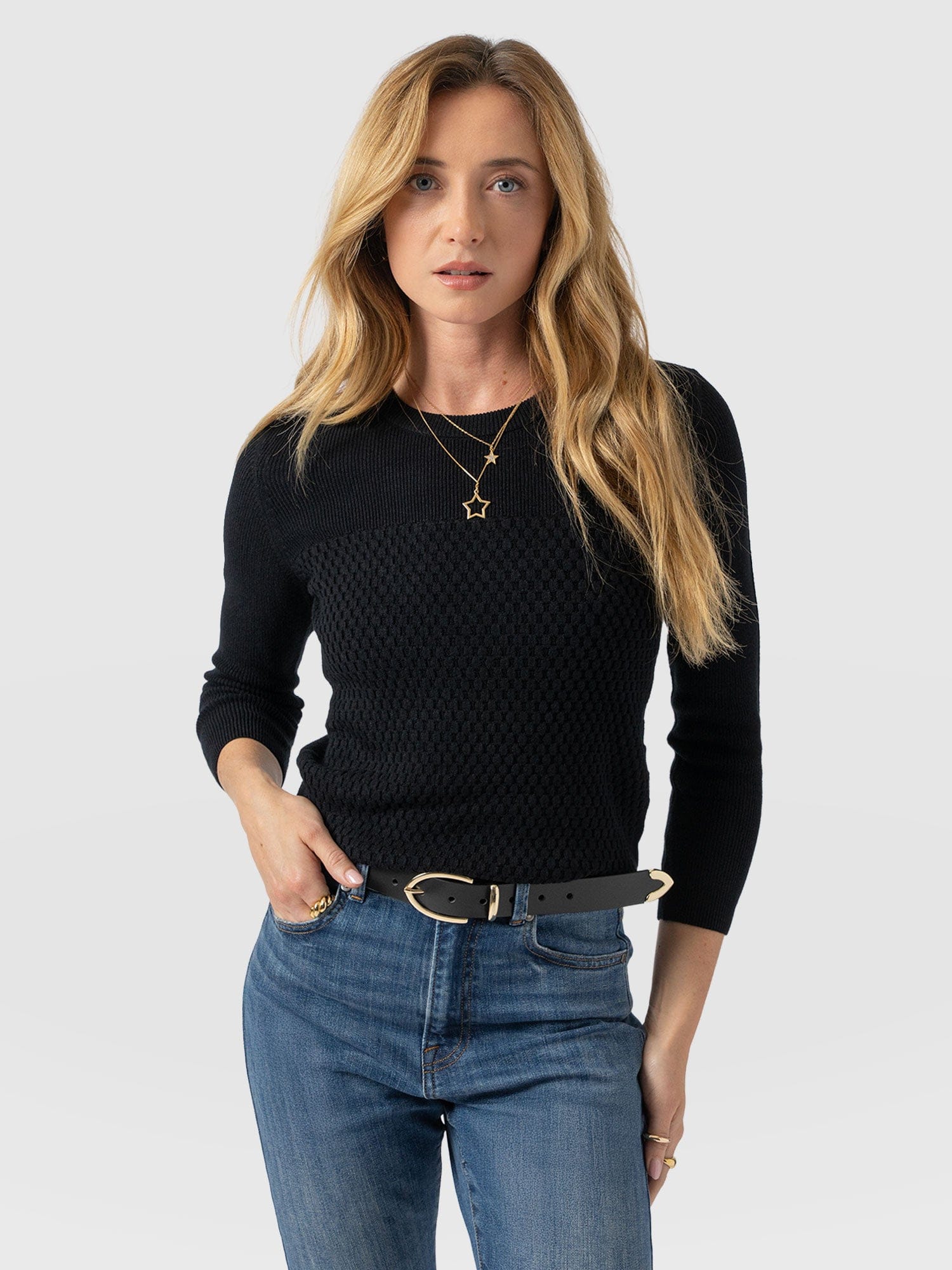 Honeycomb Rib Jumper Black - Women's Jumpers | Saint + Sofia® UK